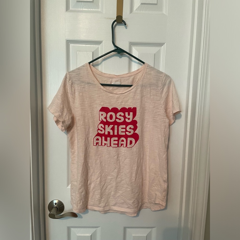Old Navy Pink Graphic Tee with Red Text - Rosy Skies Ahead